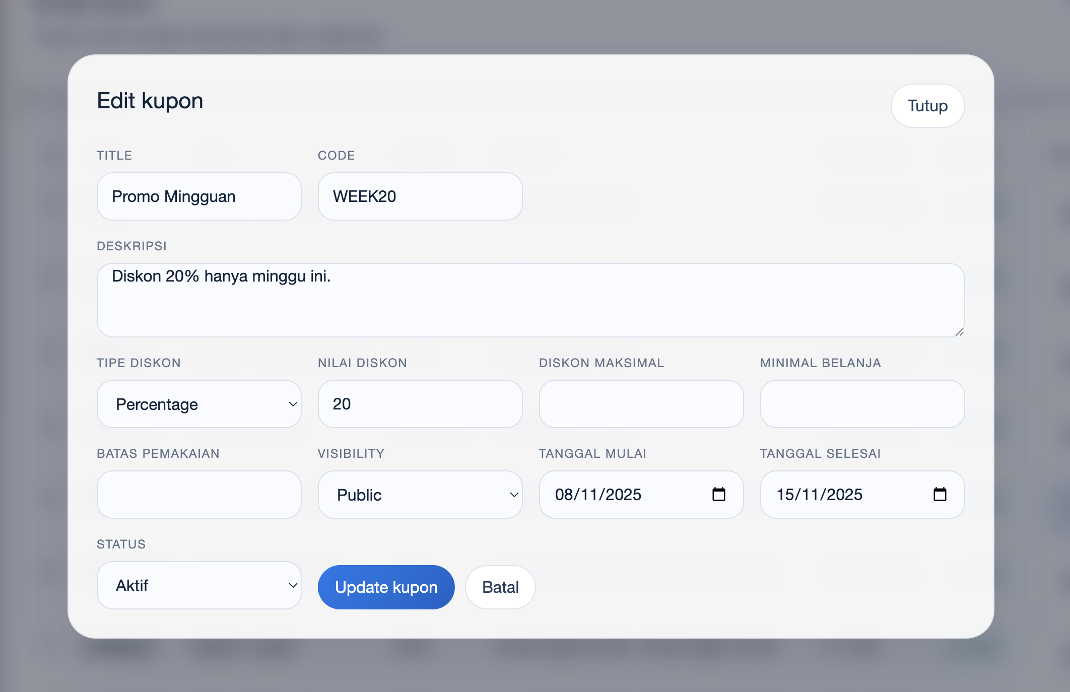Form edit kupon CMS Exwebs