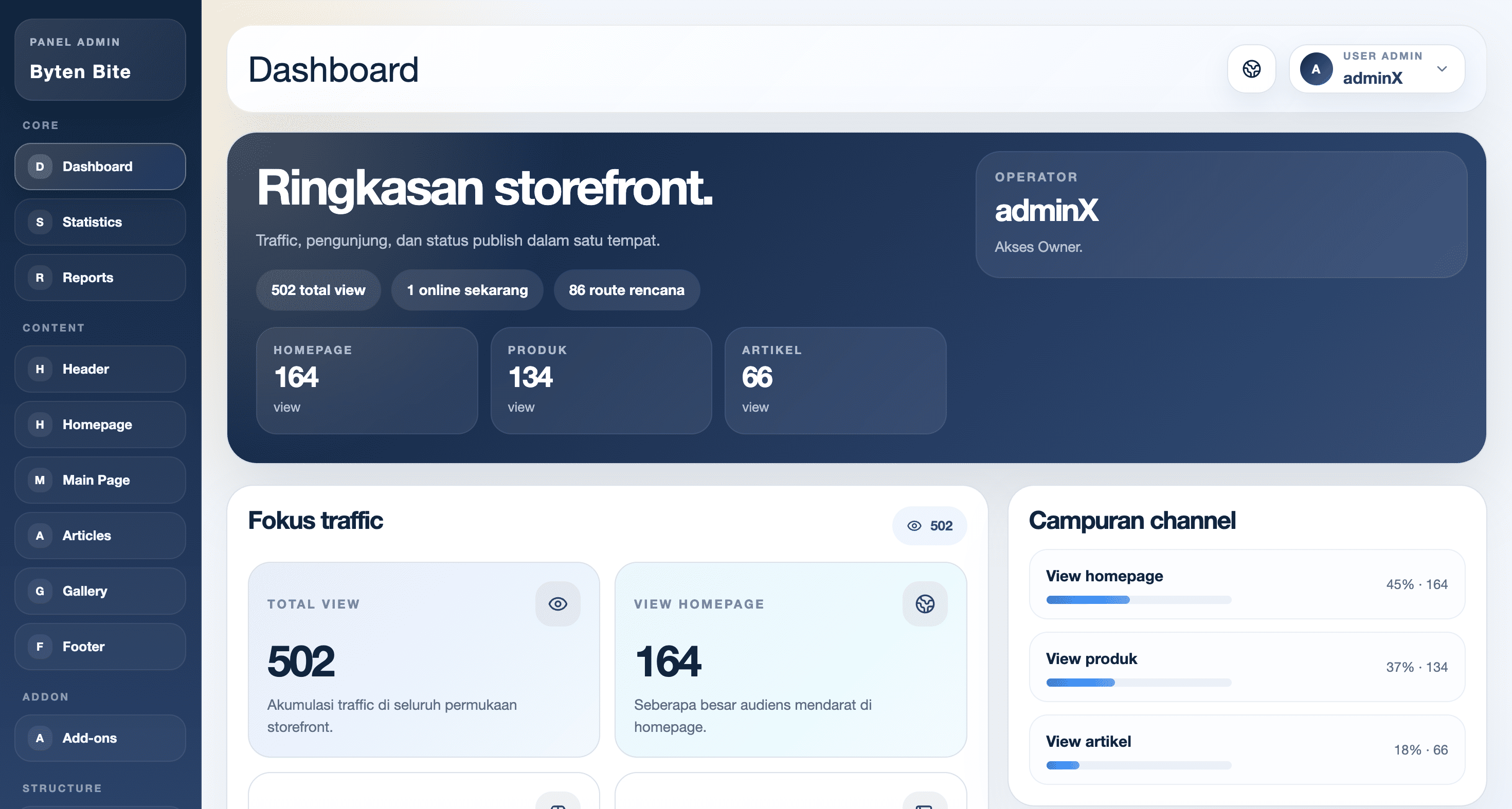Tampilan dashboard CMS Exwebs setelah login