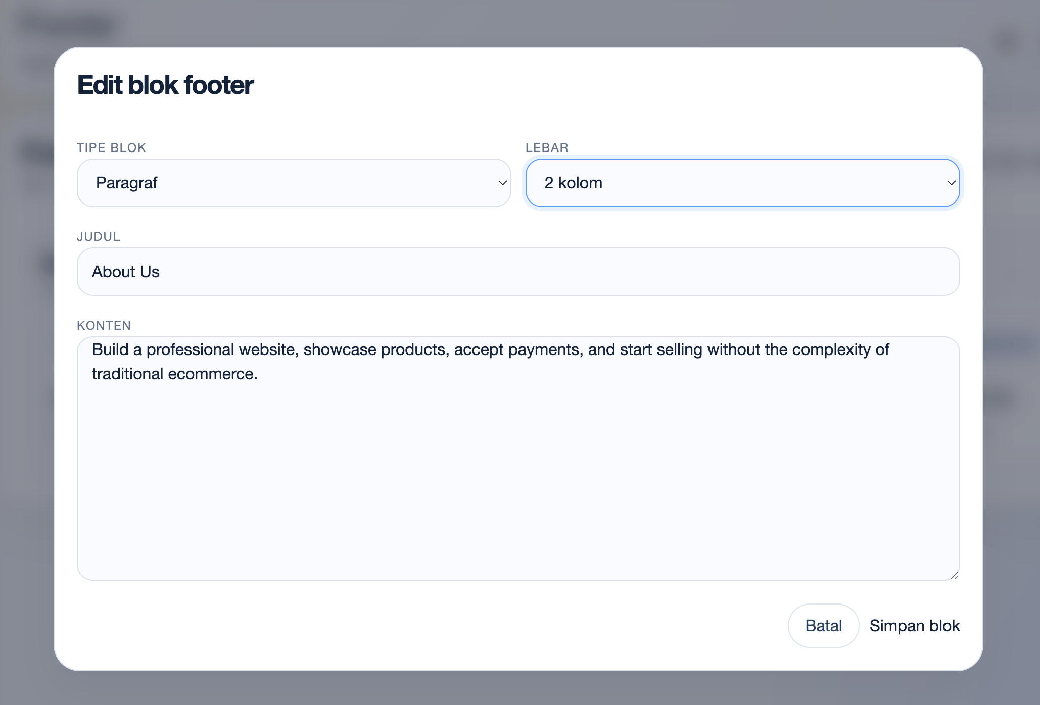 Edit blok paragraf footer CMS Exwebs