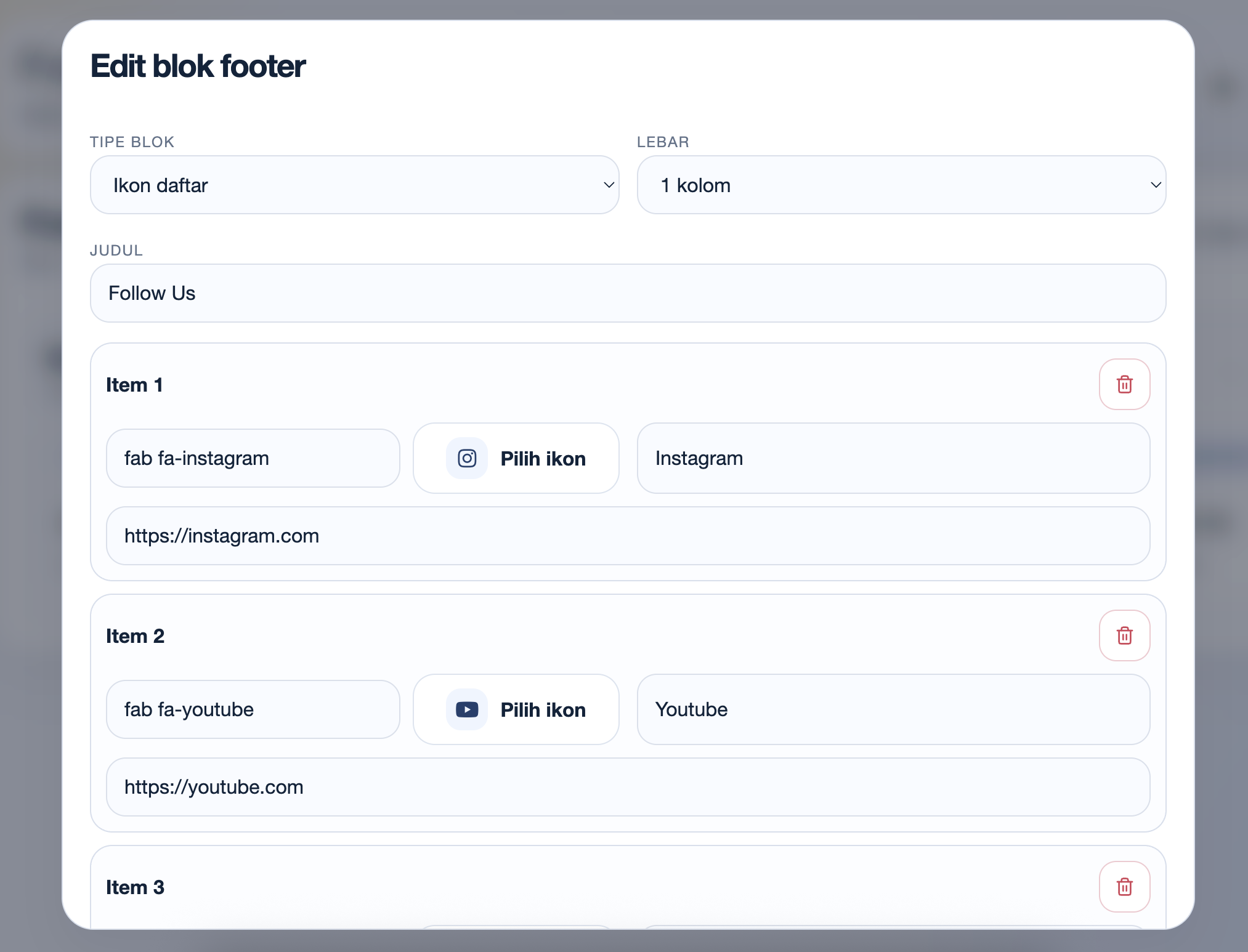 Edit blok ikon daftar footer CMS Exwebs