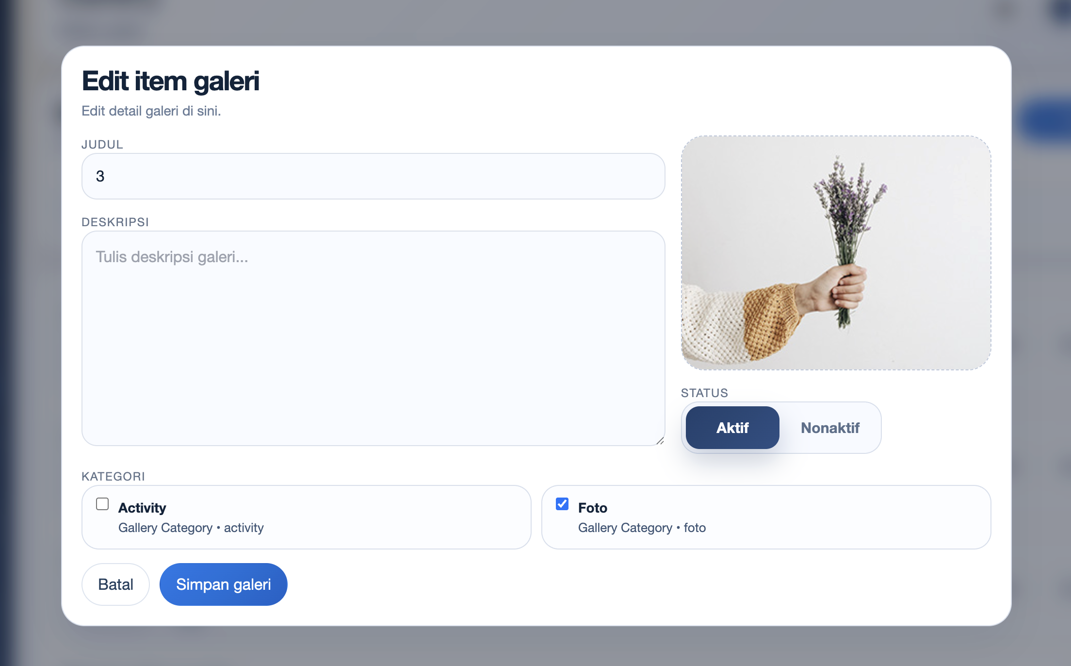 Form edit item galeri CMS Exwebs
