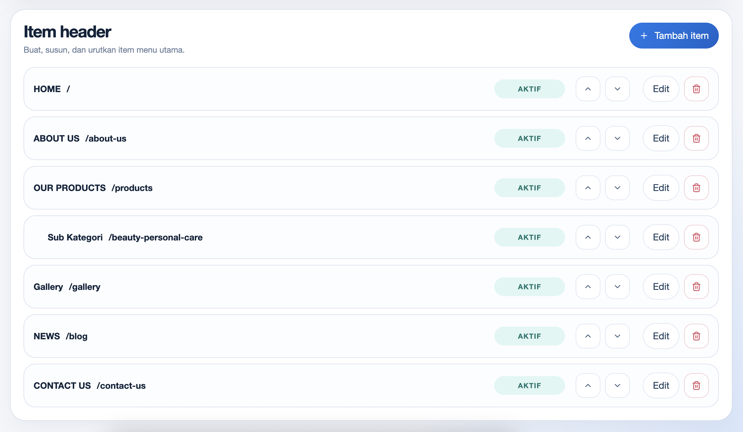 Daftar item header CMS Exwebs