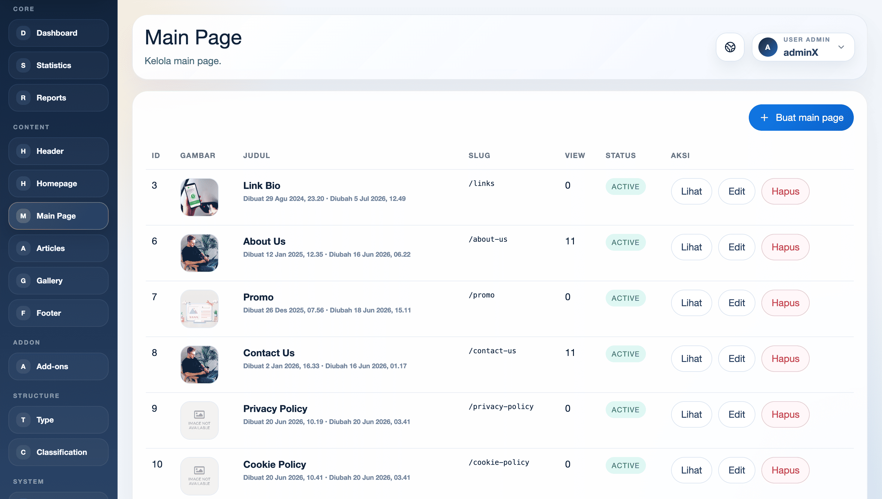 Editor Main Page CMS Exwebs