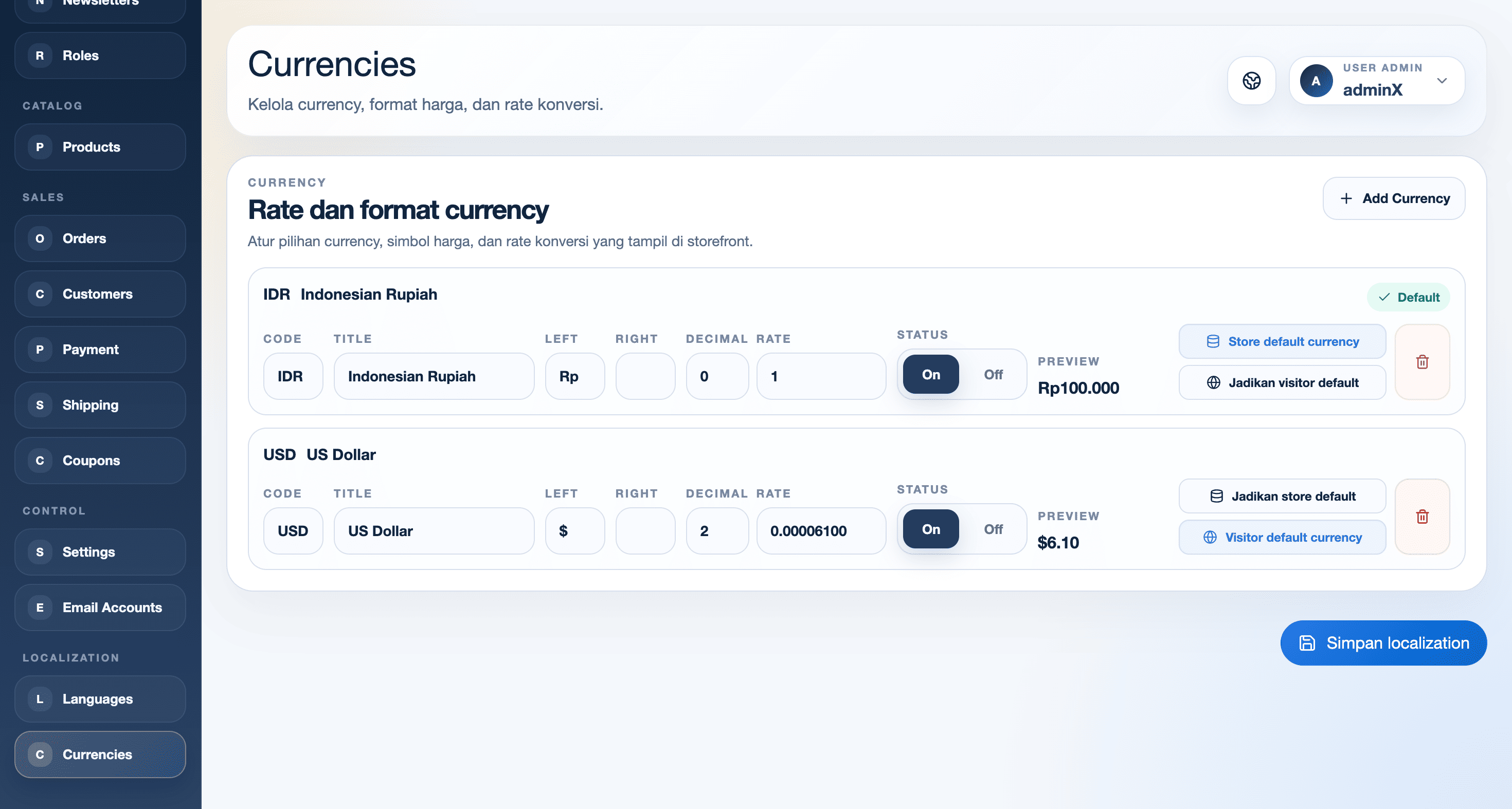 Halaman Currencies CMS Exwebs