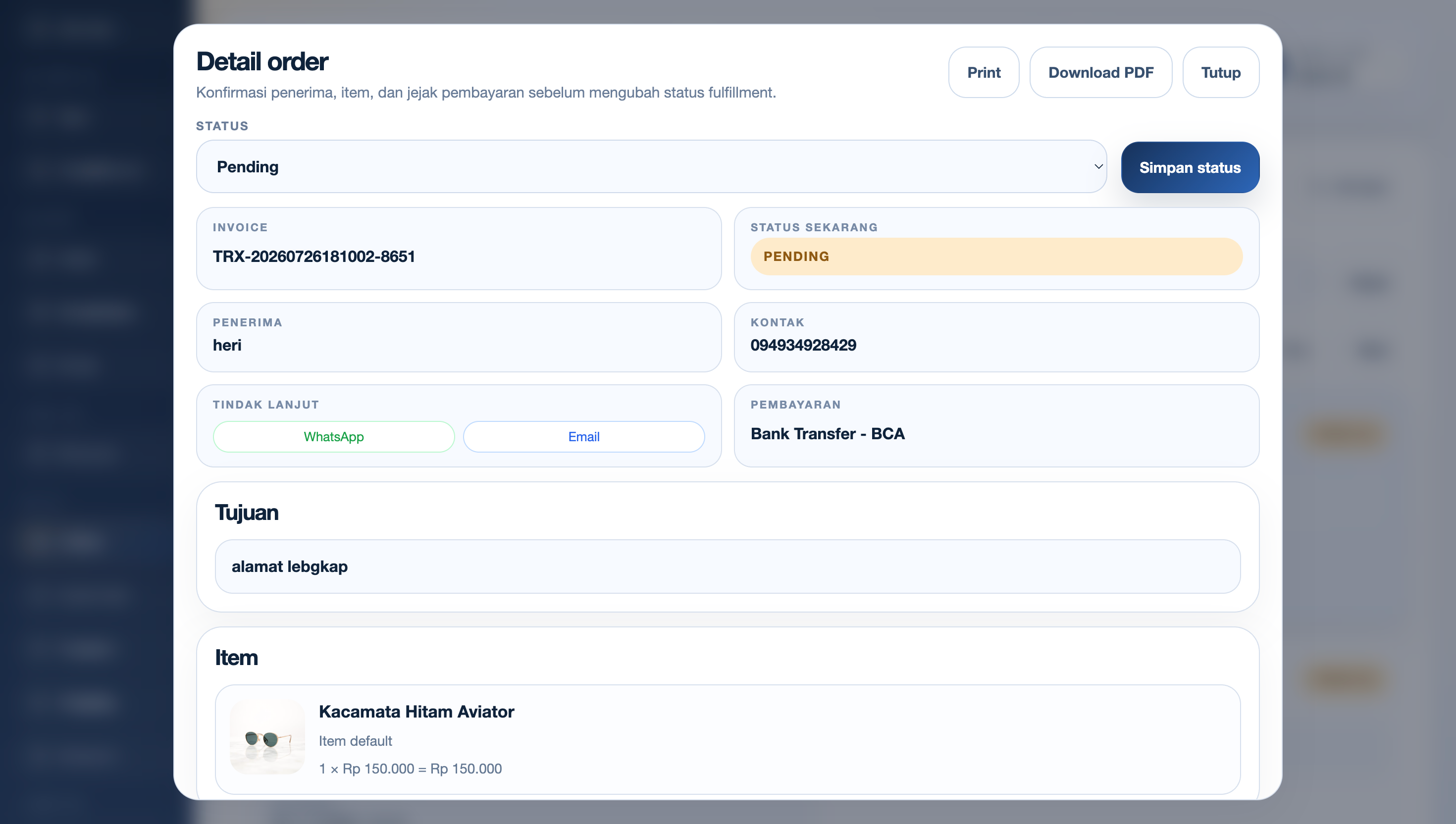 Detail order CMS Exwebs
