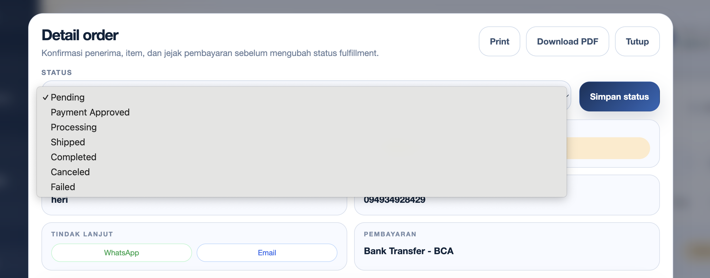 Pilihan status order CMS Exwebs