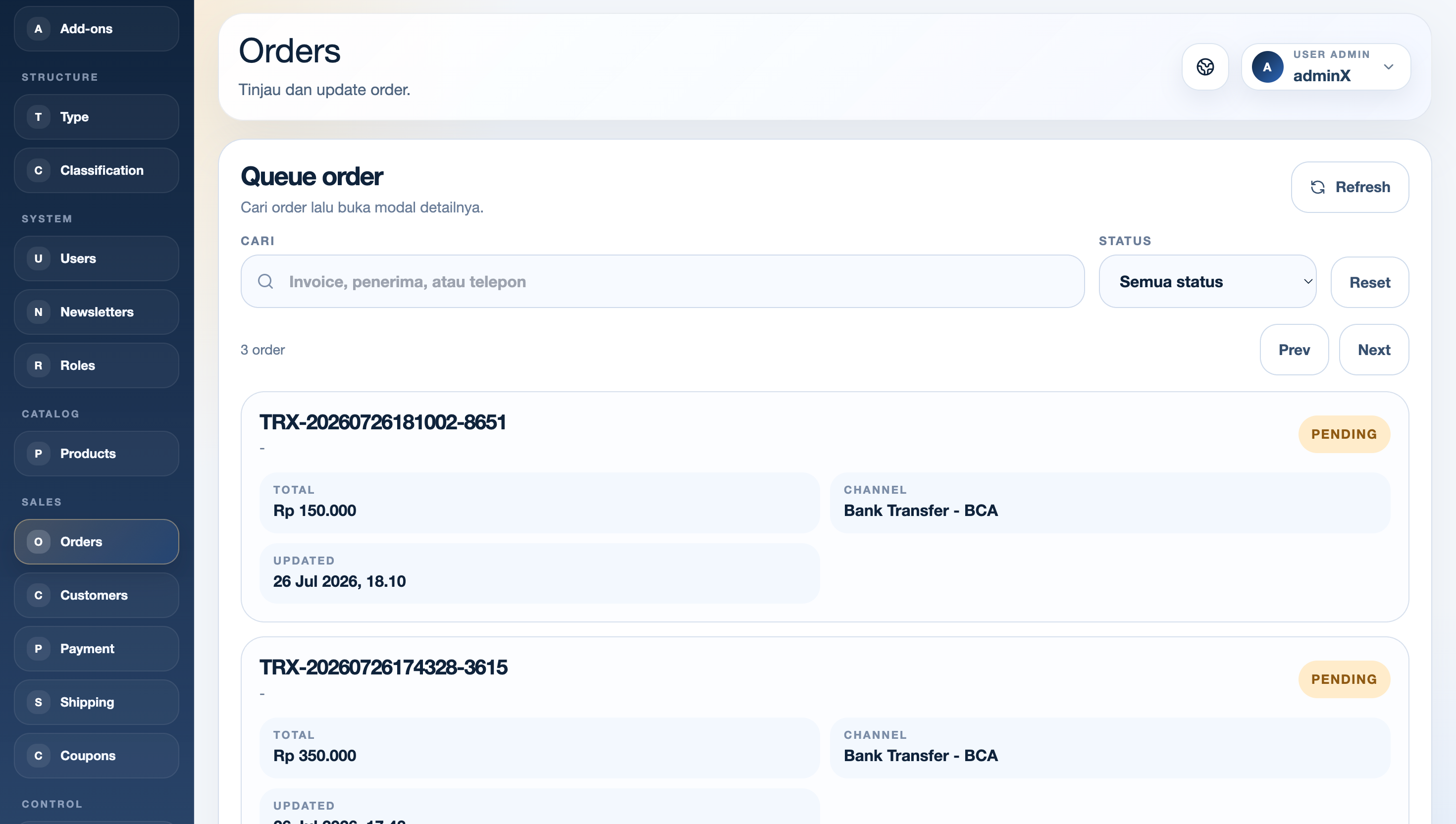 Queue order CMS Exwebs