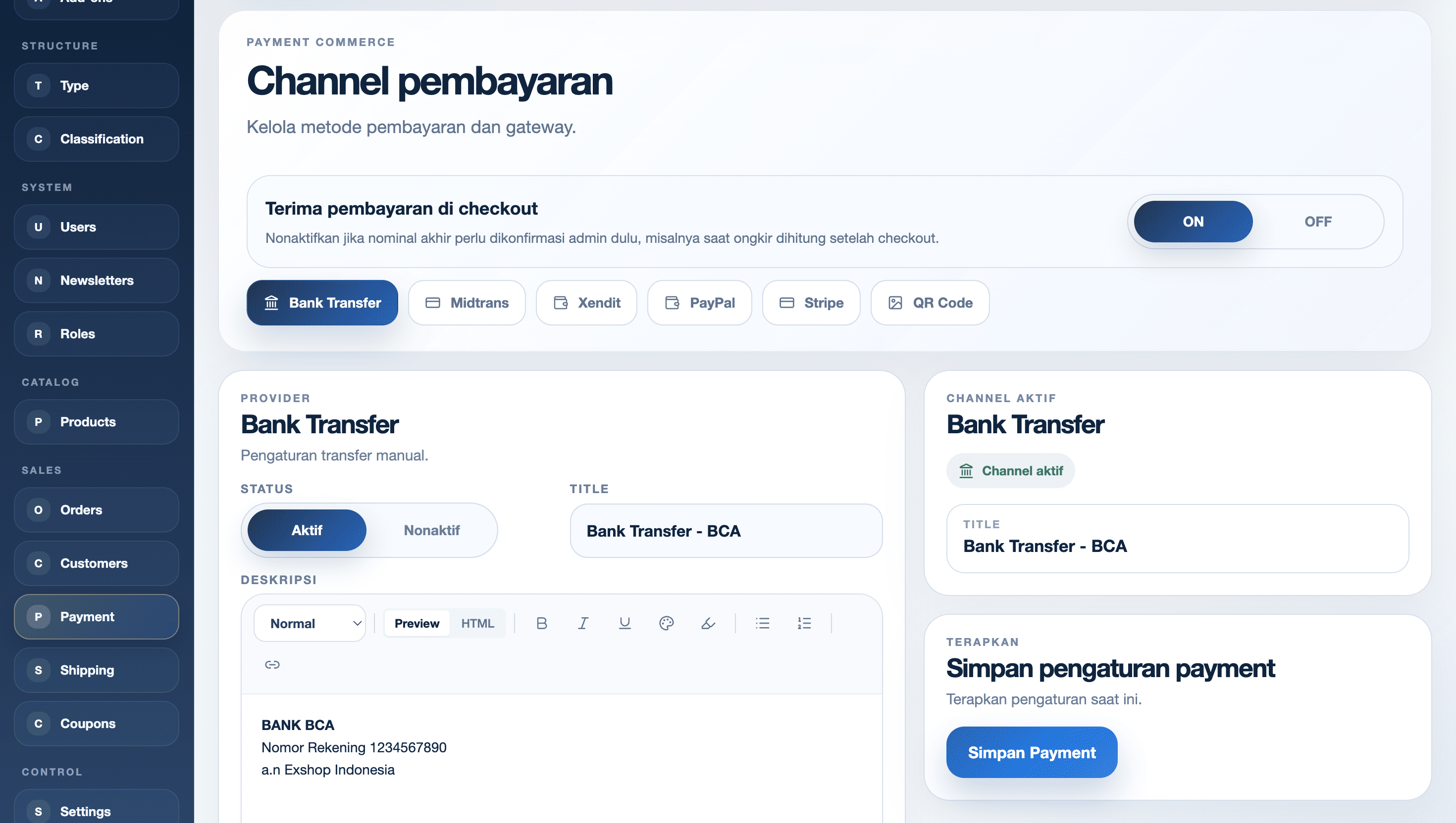 Pengaturan payment CMS Exwebs