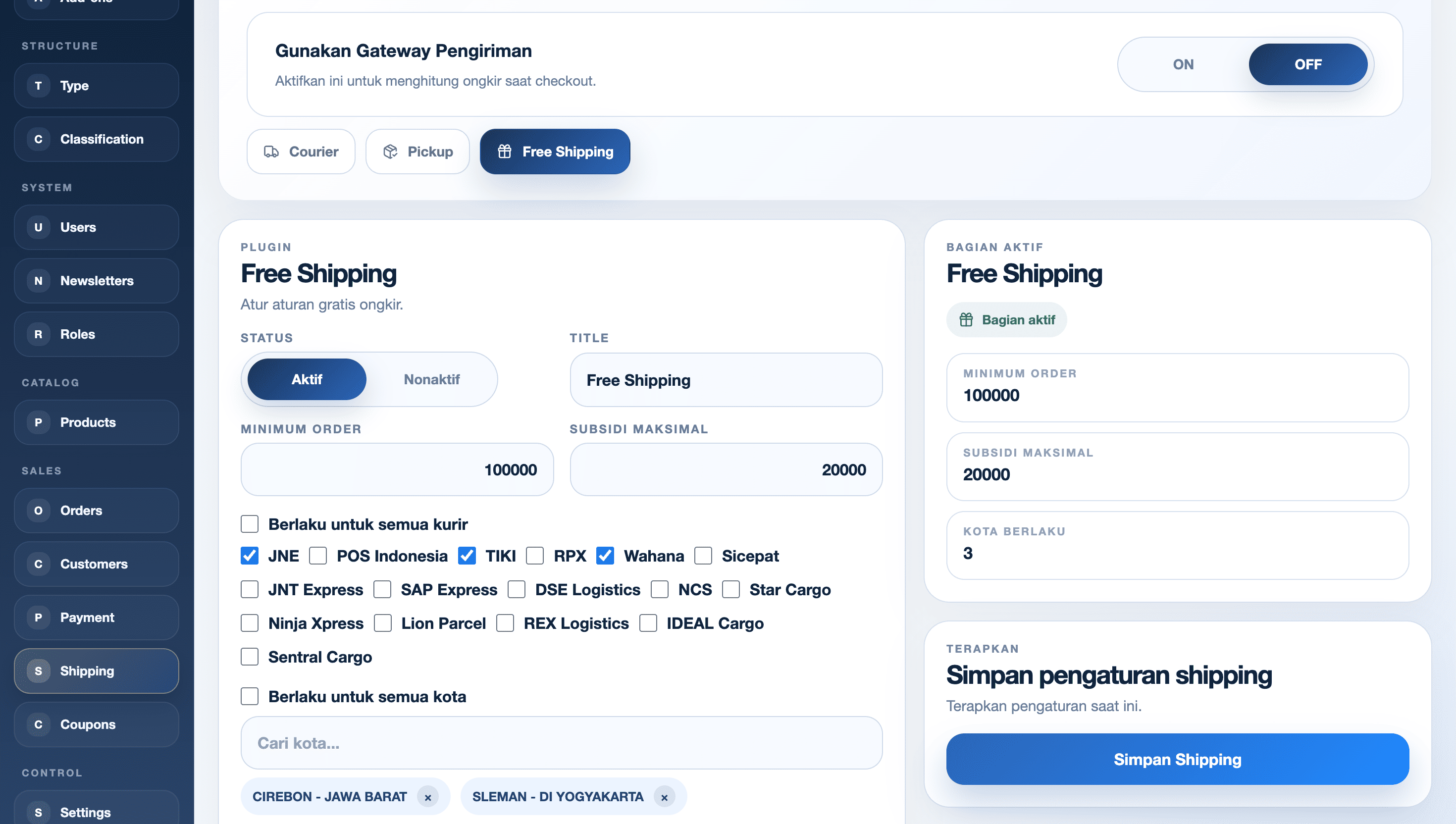 Pengaturan shipping CMS Exwebs