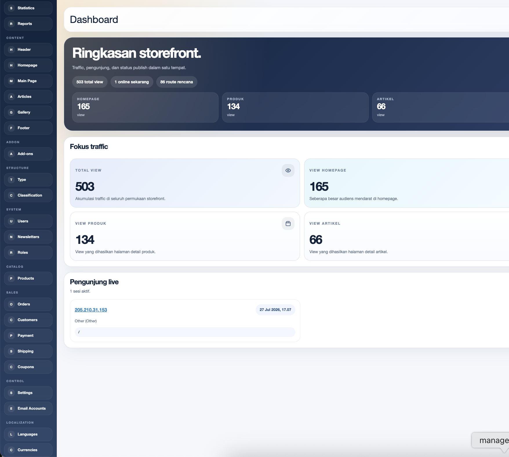 Sidebar dan area utama dashboard CMS Exwebs